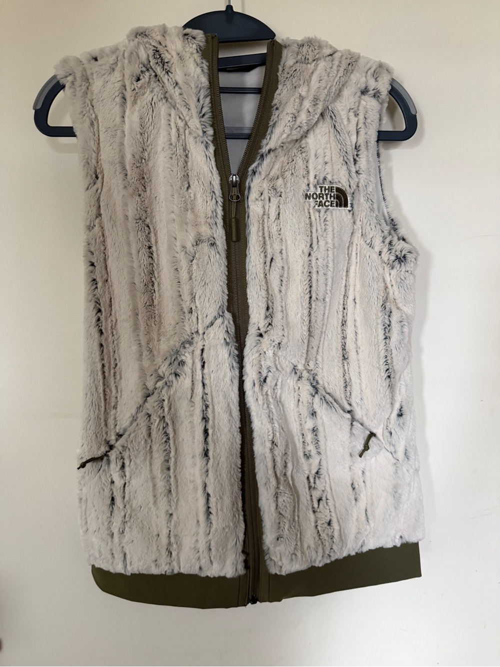The North Face Women's Cream Faux Fur Hooded Vest with Olive Accents